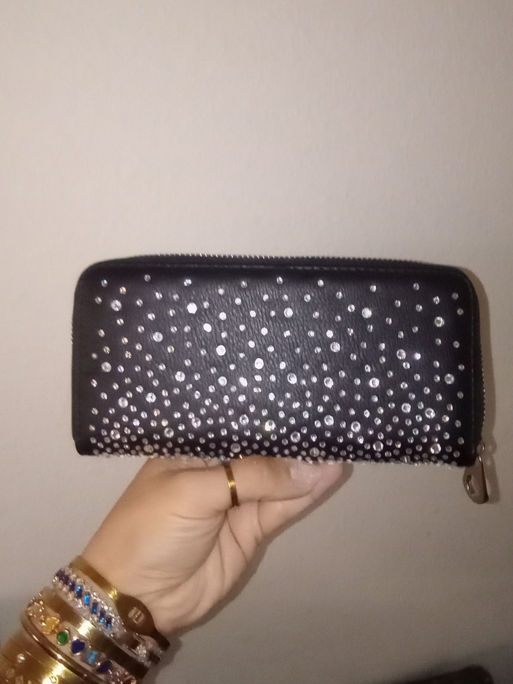 Black Bedazzled Zip-Around Women's Wallet - Picture 1 of 3